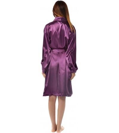 Robes Women's Kimono Satin Robe- Solid Dressing Gown- Knee Length Robe - Purple - CN11LD8UFLT $18.24