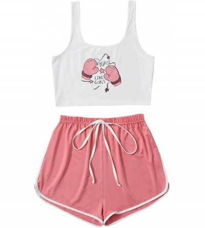 Sets Women's Two Piece Outfits Cartton Letter Graphic Crop Top and Shorts Pajama Set - Pink - C719ELWEXGO $14.92