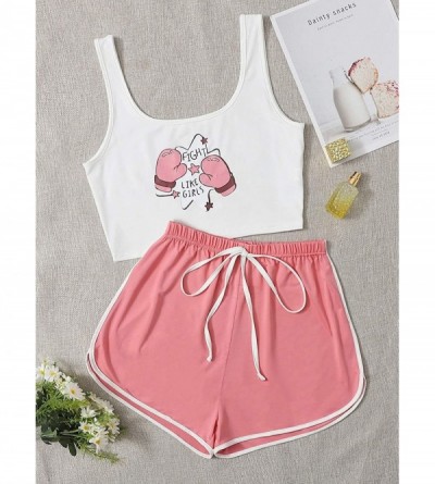 Sets Women's Two Piece Outfits Cartton Letter Graphic Crop Top and Shorts Pajama Set - Pink - C719ELWEXGO $35.42