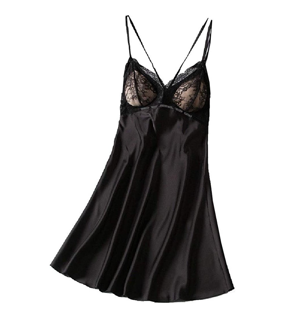 Nightgowns & Sleepshirts Charmeuse Sling Sexy Lightweight Backless Silky Nightgown - Black - CC199SN9NW0 $34.51