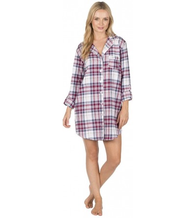 Tops Womens Flannel Nightshirt - 100% Cotton Checked Button Up Nightie - Plum - C31868549WC $23.16