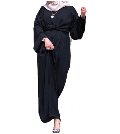 Robes Women Dubai Arab Solid Colored Muslim Islamic Kaftan Abaya with Belt - Black - CN19083AHRN $69.43