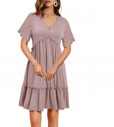 Nightgowns & Sleepshirts Women's Casual Ruffle Dresses Button V Neck Long Sleeve Empire Waist Swing Tunic Dress - Z-pink - C6...