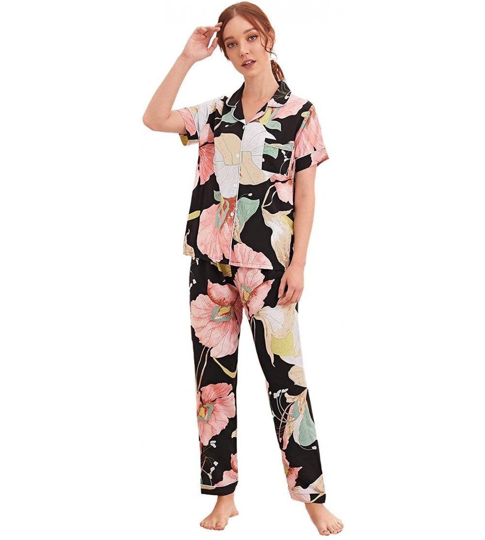 Sets Women's Casual Pajamas Set Floral Print Button Up Sleepwear Short Sleeve Loungewear - Multicolor - CP194CWYAN5 $28.54