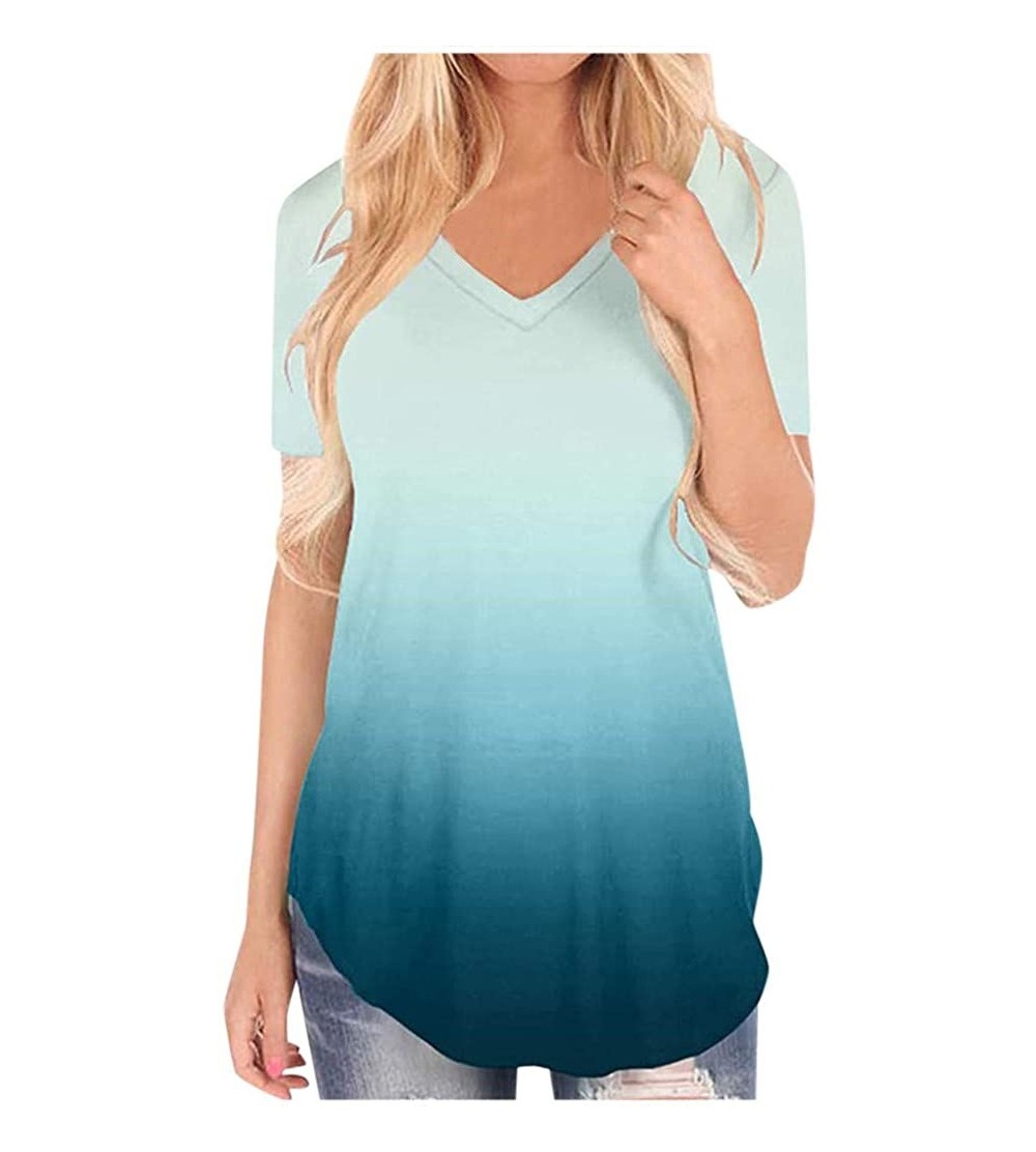 Nightgowns & Sleepshirts Womens Short Sleeve Tie Dye Tops Summer V Neck Gradient Colour Loose Casual Simple T Shirt Fit Tee B...