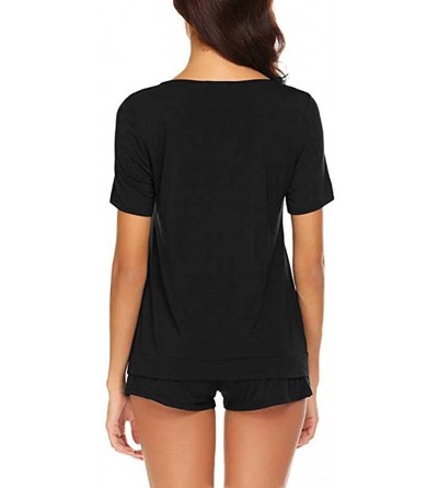 Sets Nightwear Set- Women's Casual Solid Lingerie Short Sleeve Ruffled T-Shirt Sleepwear 1PC Blouse 1PC Shorts - Black - CX18...