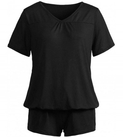 Sets Nightwear Set- Women's Casual Solid Lingerie Short Sleeve Ruffled T-Shirt Sleepwear 1PC Blouse 1PC Shorts - Black - CX18...