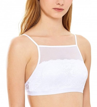 Bras Women's Hi-Neck Lace Bralette Lightly Lined Wirefree Bra - White_mesh - CQ18TSD3SHY $21.21