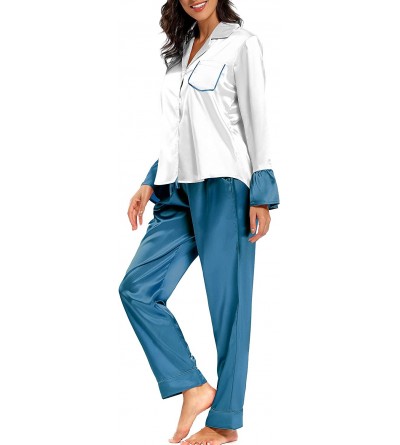 Sets Women's Soft Satin Pajamas Set Long Sleeve Nightwear Button-Down Sleepwear - Blue-1 - C21934K3KUH $21.97