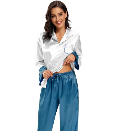 Sets Women's Soft Satin Pajamas Set Long Sleeve Nightwear Button-Down Sleepwear - Blue-1 - C21934K3KUH $21.97
