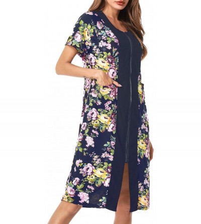 Robes Women Zipper Robe Short Sleeve Loungewear Knee Length Nightgown Duster Housecoat with Pockets - A-navy Blue - C418RQXN5...