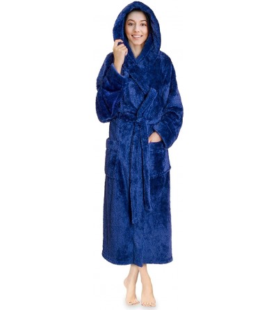 Robes Women Hooded Plush Soft Robe | Fluffy Warm Fleece Sherpa Shaggy Bathrobe - Blue - C719CWWIEOS $22.56