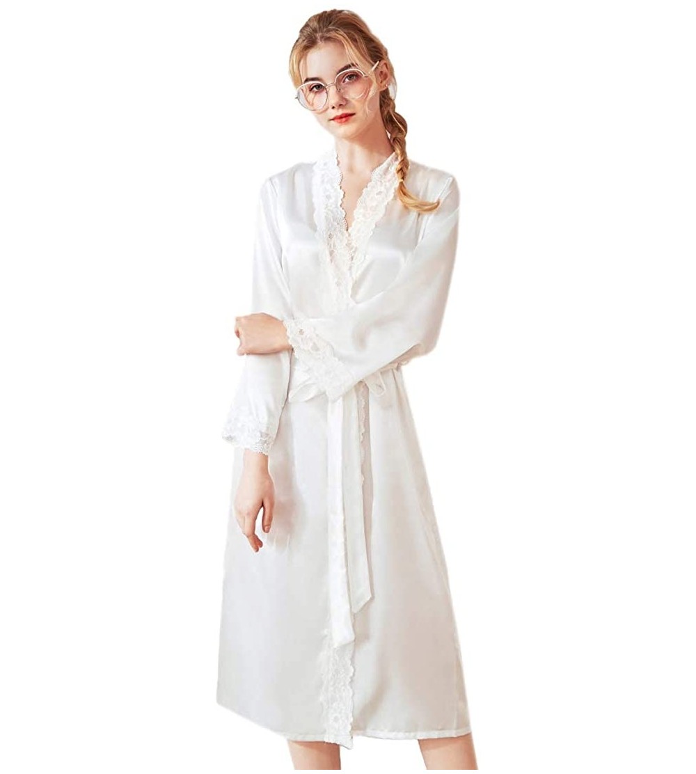 Robes Ladies Kimono Satin Dressing Bridesmaids Robe Nightdress Nightgown Sleepwear Spa Bathrobes - White - CF197YOCOQX $25.86