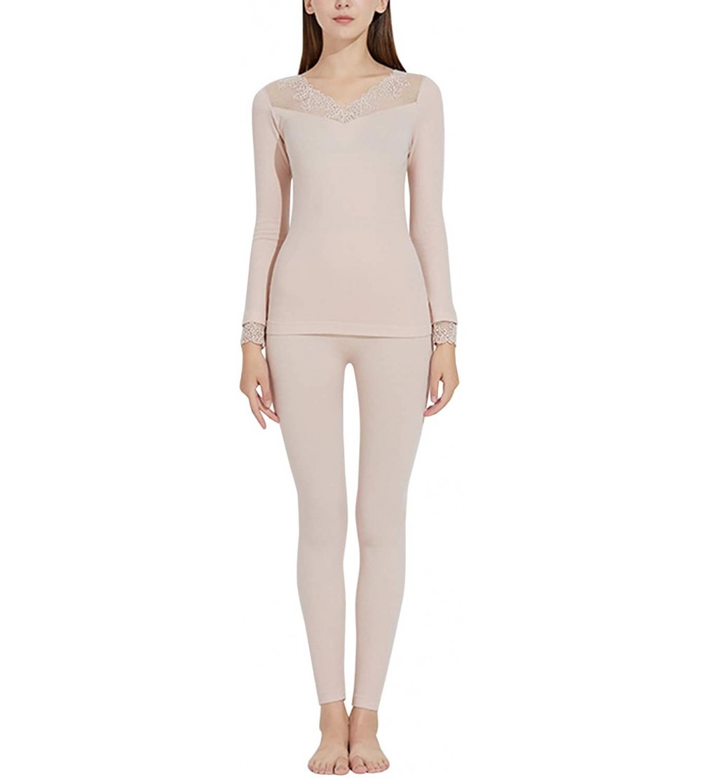 Thermal Underwear Womens Thermal Underwear Set V Neck Long Johns Lace Top & Bottom Base Layer - Lp - CH18A9MQZIN $22.05