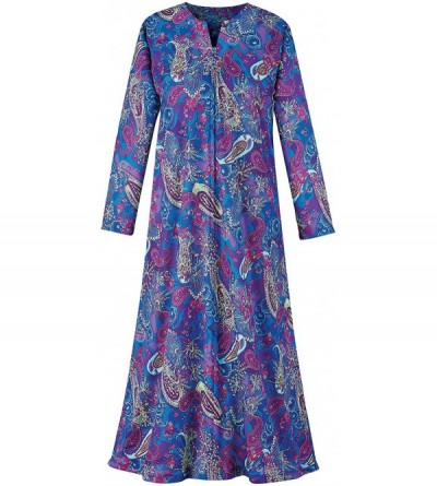 Robes Elegant Paisley Floral Design Zip Front Robe - Side Pockets- Long Sleeve- V-Neck - Navy - C5197ZSKU63 $23.09