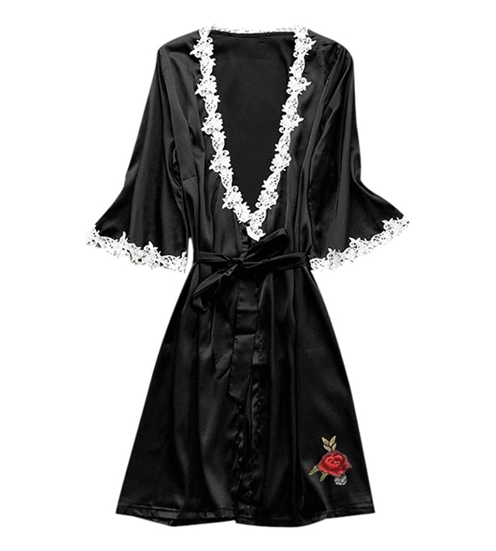 Tops Nightwear for Women Sexy Lace Silk Satin Sleepwear Full Slip Pajamas Nightdress Lingerie Night Dress - Black - C019840YX...