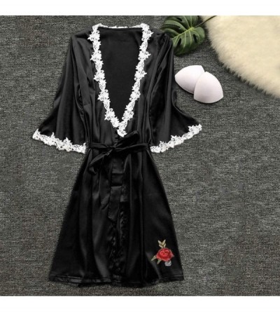 Tops Nightwear for Women Sexy Lace Silk Satin Sleepwear Full Slip Pajamas Nightdress Lingerie Night Dress - Black - C019840YX...