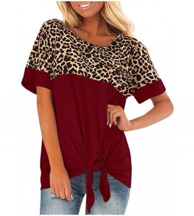 Thermal Underwear Womens Leopard Short Sleeve Twist Knot Patchwork O-Neck Casual Tunic Tops - Wine - C3195OZZRCS $15.53