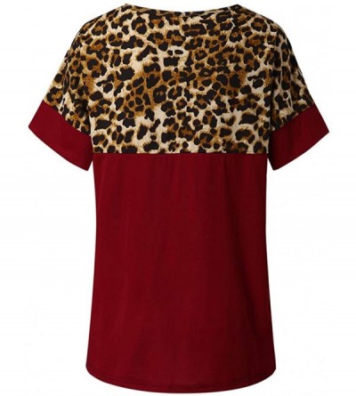 Thermal Underwear Womens Leopard Short Sleeve Twist Knot Patchwork O-Neck Casual Tunic Tops - Wine - C3195OZZRCS $15.53