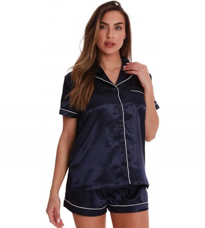 Sets Solid Satin Pajama Short Set for Women Sleepwear PJs - Navy / Ivory - CF189I2QQLA $20.65