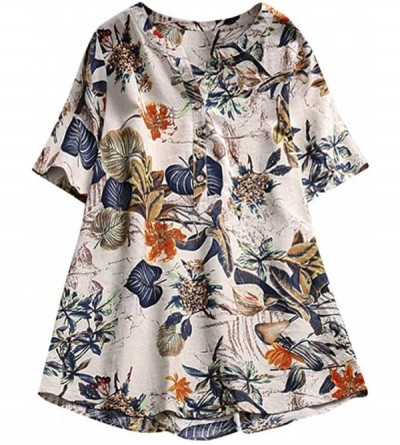 Tops Vintage Womens Oversize Blouse Button Boho Floral Print Casual Loose Cotton Linen Long Tunic Tops Shirt Plus Size M-5XL ...