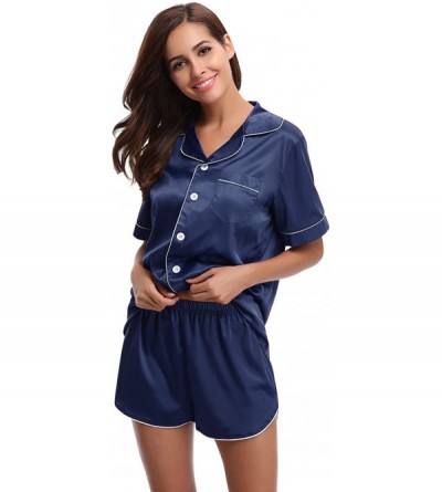 Sets Women's Silk Satin Pajamas Set Short Sleepwear Loungewear Button-Down Pj Set - Dark Blue - CT188UM37C3 $17.62