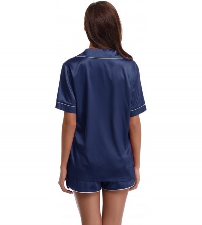 Sets Women's Silk Satin Pajamas Set Short Sleepwear Loungewear Button-Down Pj Set - Dark Blue - CT188UM37C3 $17.62
