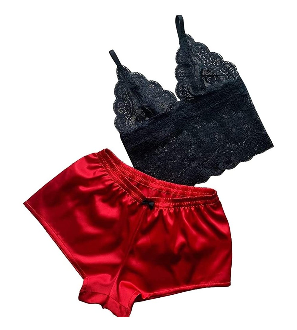 Sets Sleepwear for Women Sexy Satin Lace V Neck Camisole Bowknot Shorts Set Comfortable Pajamas Lingerie - Red - CC1965I6OCG ...