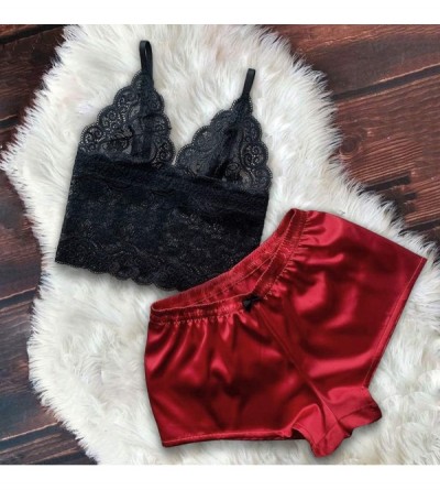Sets Sleepwear for Women Sexy Satin Lace V Neck Camisole Bowknot Shorts Set Comfortable Pajamas Lingerie - Red - CC1965I6OCG ...