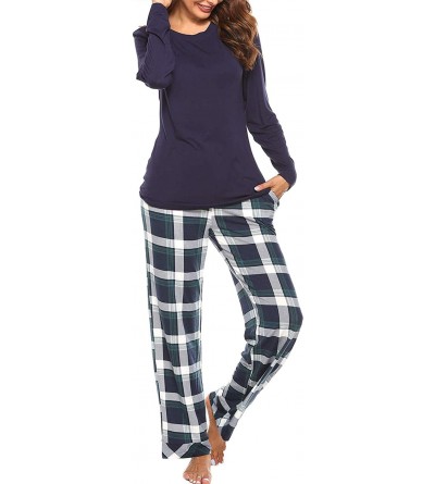 Sets Womens Pajama Set Plaid Long Sleeve Top & Pants Cotton Pjs Sets Sleepwear - Navy Blue - CE18YZLZXGC $19.17