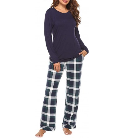 Sets Womens Pajama Set Plaid Long Sleeve Top & Pants Cotton Pjs Sets Sleepwear - Navy Blue - CE18YZLZXGC $19.17