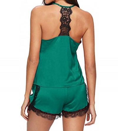 Sets Sleepwear for Women Sexy Plus Size Sleeveless Strap Lace Trim Satin Pajama Set - Green - CN195AN393G $10.52