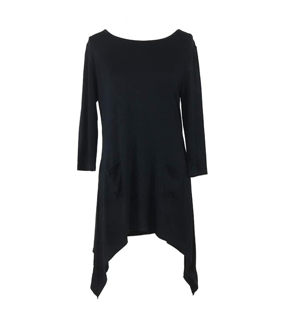 Nightgowns & Sleepshirts Lounge Luxe Signature Soft Women's 3/4 Sleeve Solid Sharkbite Tops - Black - CR18SLZQO04 $27.26
