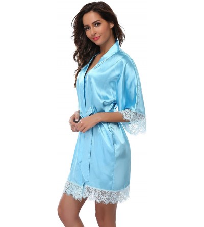 Robes Womens Satin Short Kimono Robe with Lace Trim Bridal Party Robe Silky Dressing Gown Lightweight Soft Sleepwear Blue - C...