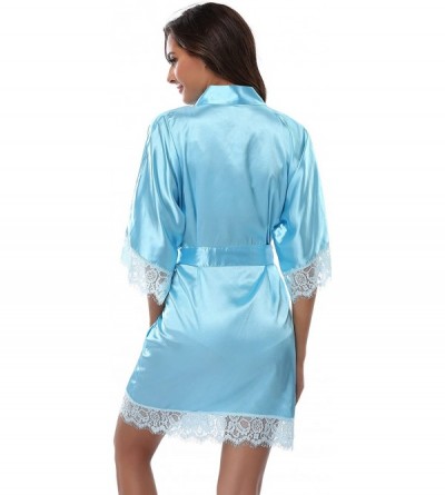 Robes Womens Satin Short Kimono Robe with Lace Trim Bridal Party Robe Silky Dressing Gown Lightweight Soft Sleepwear Blue - C...