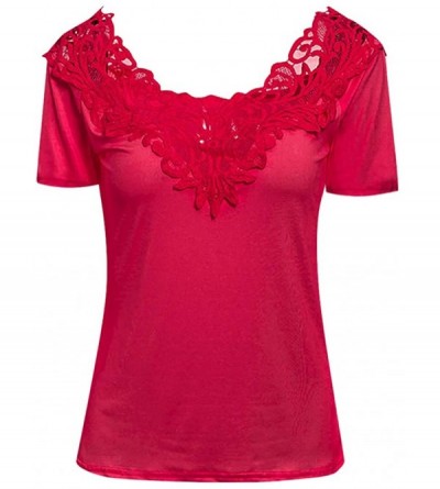 Tops Womens Long Sleeve/Short Sleeve T Shirt-Lace Patchwork- V Neck Slim Sexy Blouse Tops - B-red - CB193AK5753 $9.56