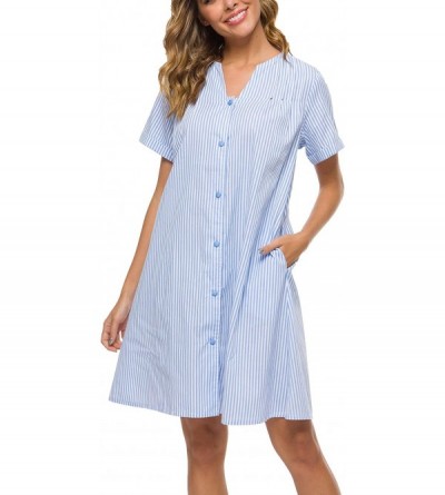 Nightgowns & Sleepshirts House Dress Women Cotton Duster Robe Short Sleeve Housecoat Button Down Nightgown - Light Blue - CU1...