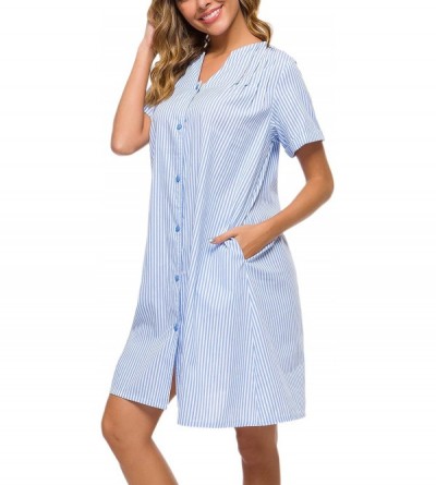 Nightgowns & Sleepshirts House Dress Women Cotton Duster Robe Short Sleeve Housecoat Button Down Nightgown - Light Blue - CU1...