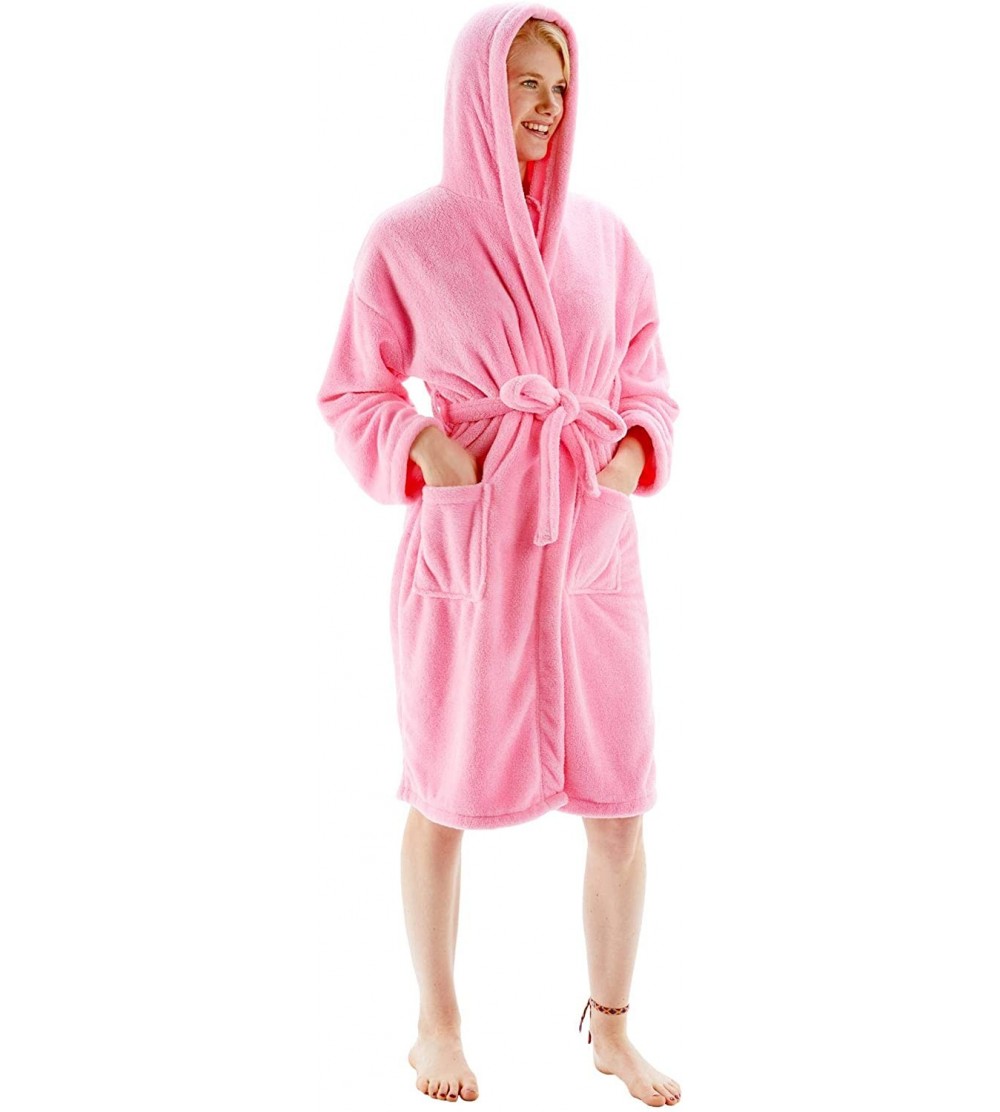 Robes Women's Robe Microfiber Plush Fleece Bathrobe - Pink - Hooded - C018A30G93K $60.26