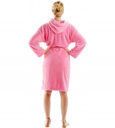 Robes Women's Robe Microfiber Plush Fleece Bathrobe - Pink - Hooded - C018A30G93K $60.26