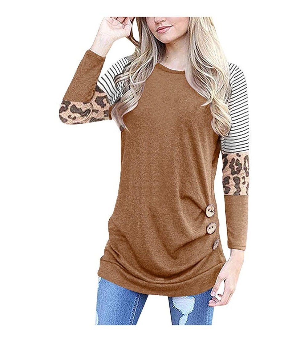 Thermal Underwear Womens Long Sleeve Loose Button Trim Leopard Blouse Round Neck Tunic T-Shirt Tops - Brown a - CJ194G42QGX $...