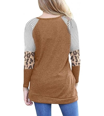 Thermal Underwear Womens Long Sleeve Loose Button Trim Leopard Blouse Round Neck Tunic T-Shirt Tops - Brown a - CJ194G42QGX $...