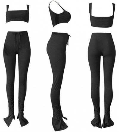 Sets Women Sexy Bra Crop Top Zipper Wide Leg Ruffle Long Pants Solid Jumpsuits Summer 2 Piece Outfits Clubwear B balck - C419...