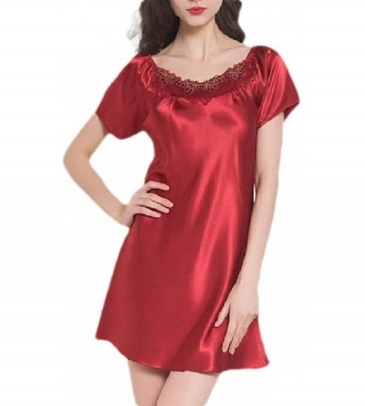 Nightgowns & Sleepshirts Womens Solid Lightweight O-Neck Satin Comfy Nightgown Sleep Dress - Red - CU19DQIZUW2 $28.28