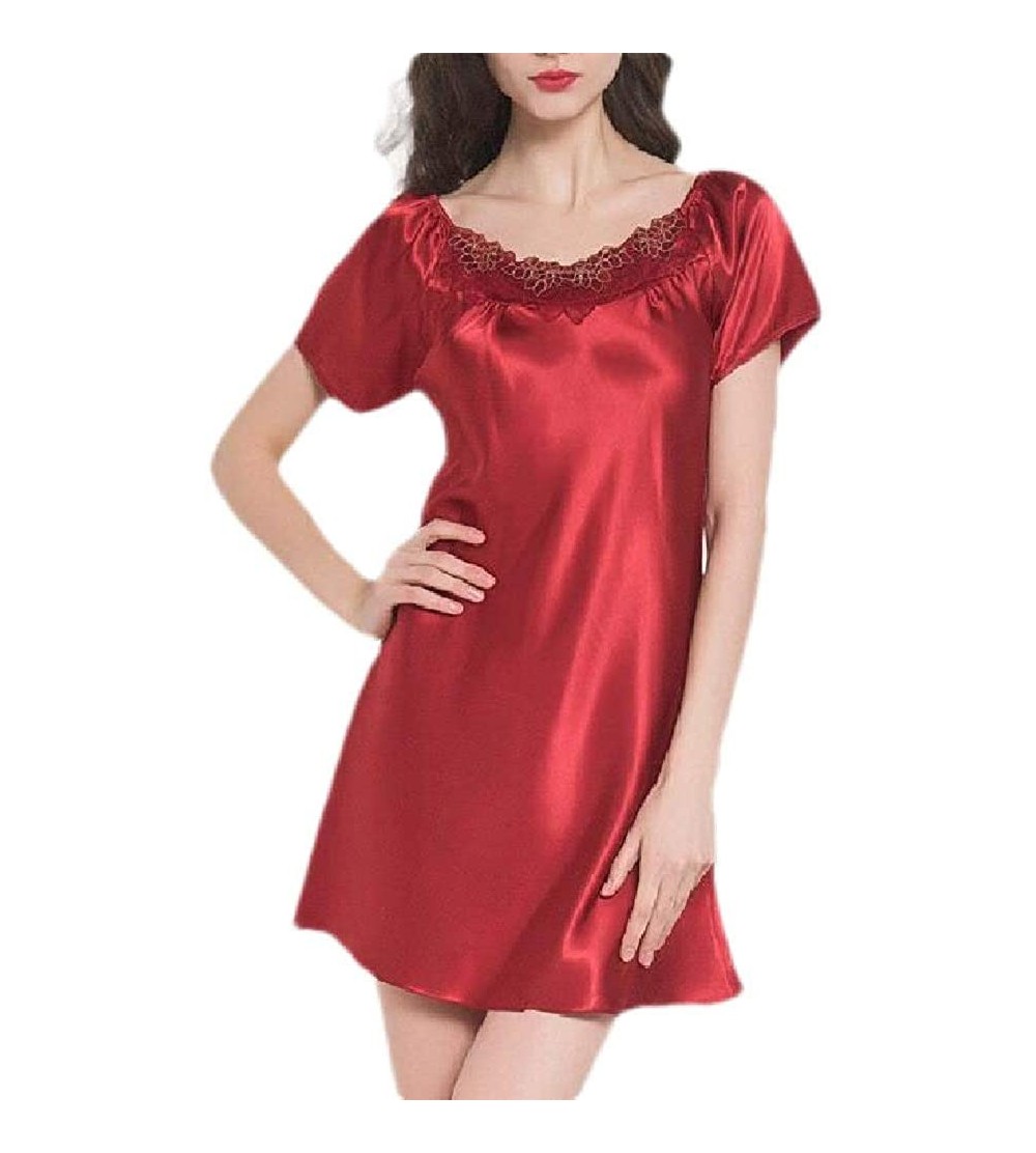 Nightgowns & Sleepshirts Womens Solid Lightweight O-Neck Satin Comfy Nightgown Sleep Dress - Red - CU19DQIZUW2 $28.28