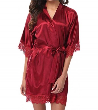 Robes Women's Lace-Trim Kimono Style Short Satin Robe Sleepwear with 3/4 Sleeves - 10 - CI198OY2SS9 $16.13