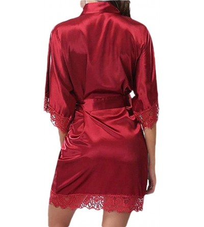 Robes Women's Lace-Trim Kimono Style Short Satin Robe Sleepwear with 3/4 Sleeves - 10 - CI198OY2SS9 $16.13