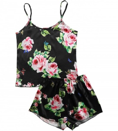 Sets Women's Satin Pajamas Set Floral Print Sleeveless Nightwear Cami Shorts Sleepwear Pjs - Black - C41906NMQ6M $35.55