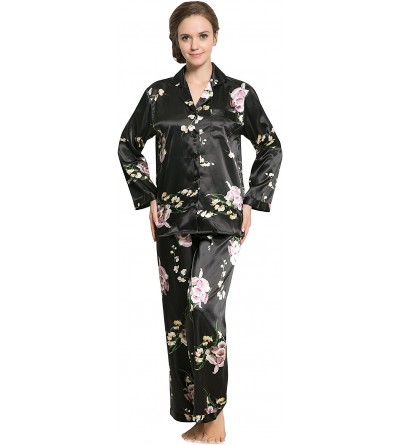 Sets Women's Long Sleeve Premium Satin Pajama Set - Black - C611IWU0Z9D $25.86