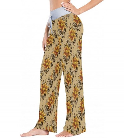 Bottoms Texture Golden Flowers Pattern Women Loose Palazzo Casual Drawstring Sleepwear Print Yoga Pants - CA19D8UNACH $27.83